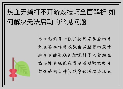 热血无赖打不开游戏技巧全面解析 如何解决无法启动的常见问题