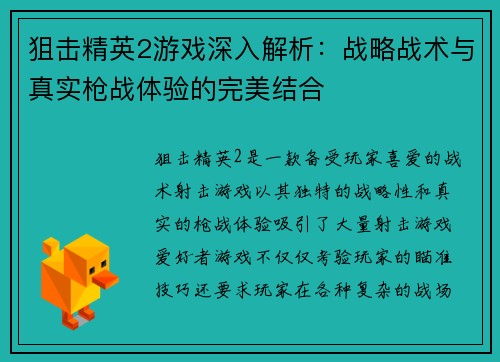 狙击精英2游戏深入解析：战略战术与真实枪战体验的完美结合